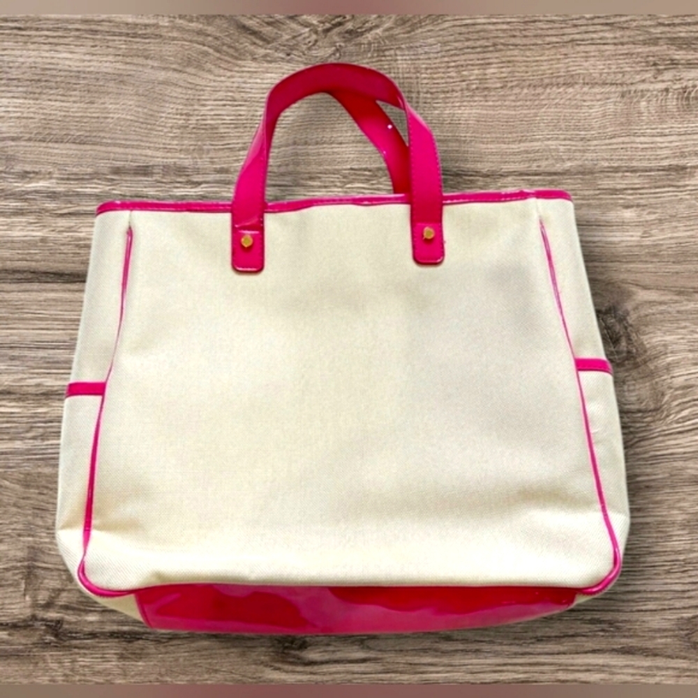 Victoria's Secret Pink Patent Leather & Cream Canvas Large Tote Bag Purse Beach - Picture 2 of 12